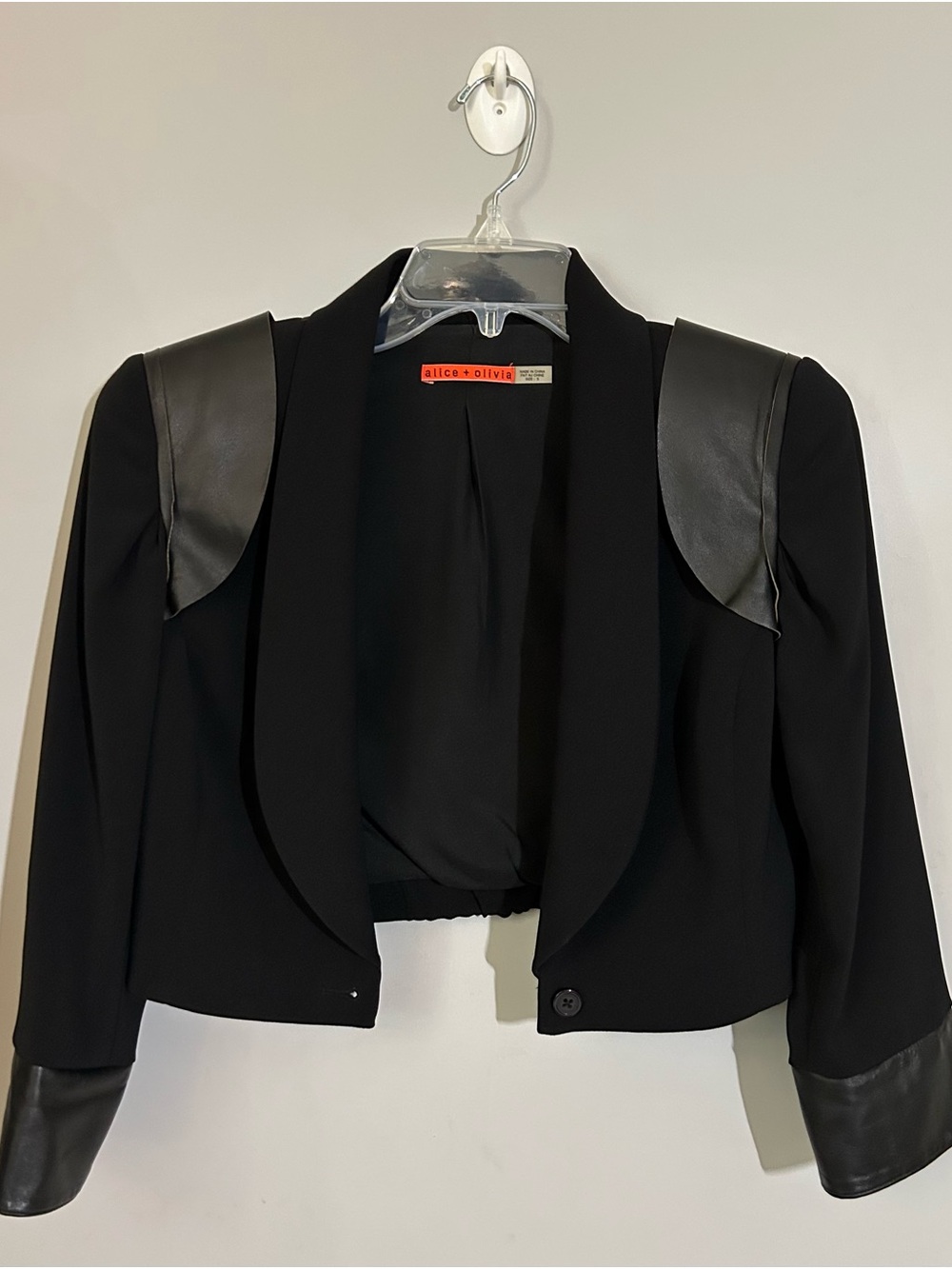 Alice + Olivia Black button Cropped Blazer real Leather Shoulder + Cuff Panels